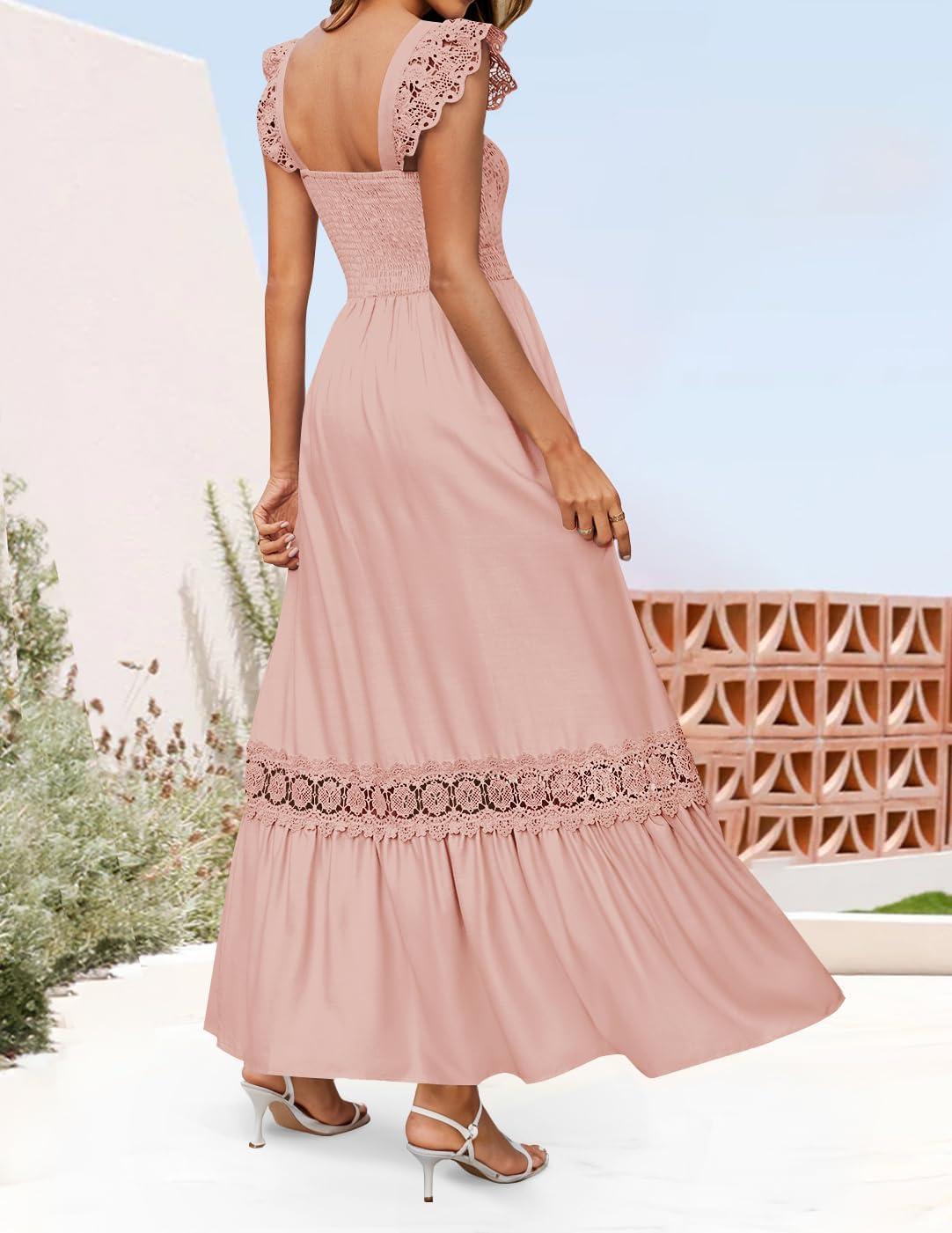 imageZESICA Womens 2026 Summer Lace Strap Sleeveless Square Neck Smocked High Waist Ruffle Hollow Out Flowy A Line Maxi DressPink