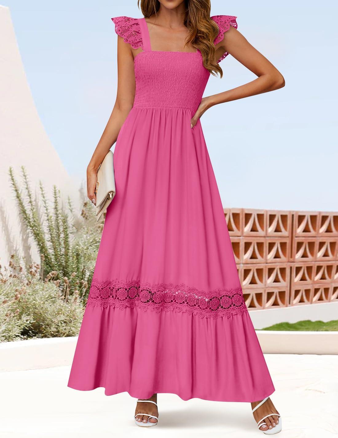 imageZESICA Womens 2026 Summer Lace Strap Sleeveless Square Neck Smocked High Waist Ruffle Hollow Out Flowy A Line Maxi DressRose