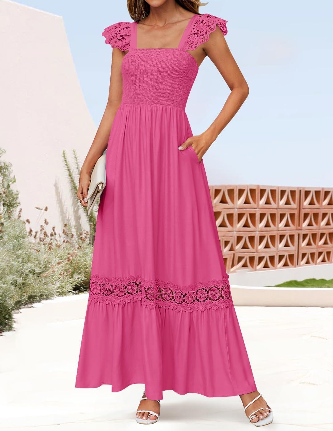 imageZESICA Womens 2026 Summer Lace Strap Sleeveless Square Neck Smocked High Waist Ruffle Hollow Out Flowy A Line Maxi DressRose