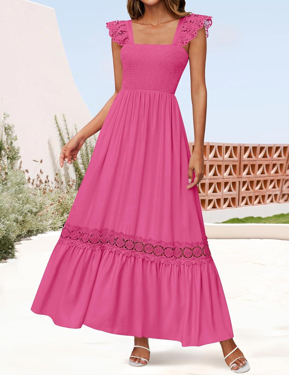 imageZESICA Womens 2026 Summer Lace Strap Sleeveless Square Neck Smocked High Waist Ruffle Hollow Out Flowy A Line Maxi DressRose