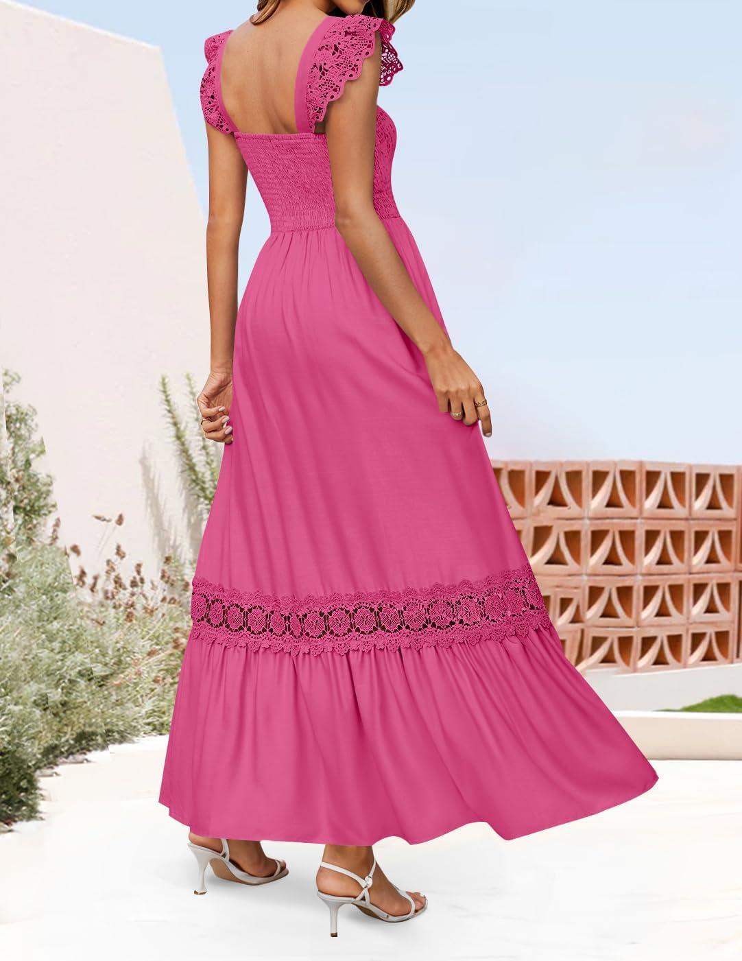 imageZESICA Womens 2026 Summer Lace Strap Sleeveless Square Neck Smocked High Waist Ruffle Hollow Out Flowy A Line Maxi DressRose