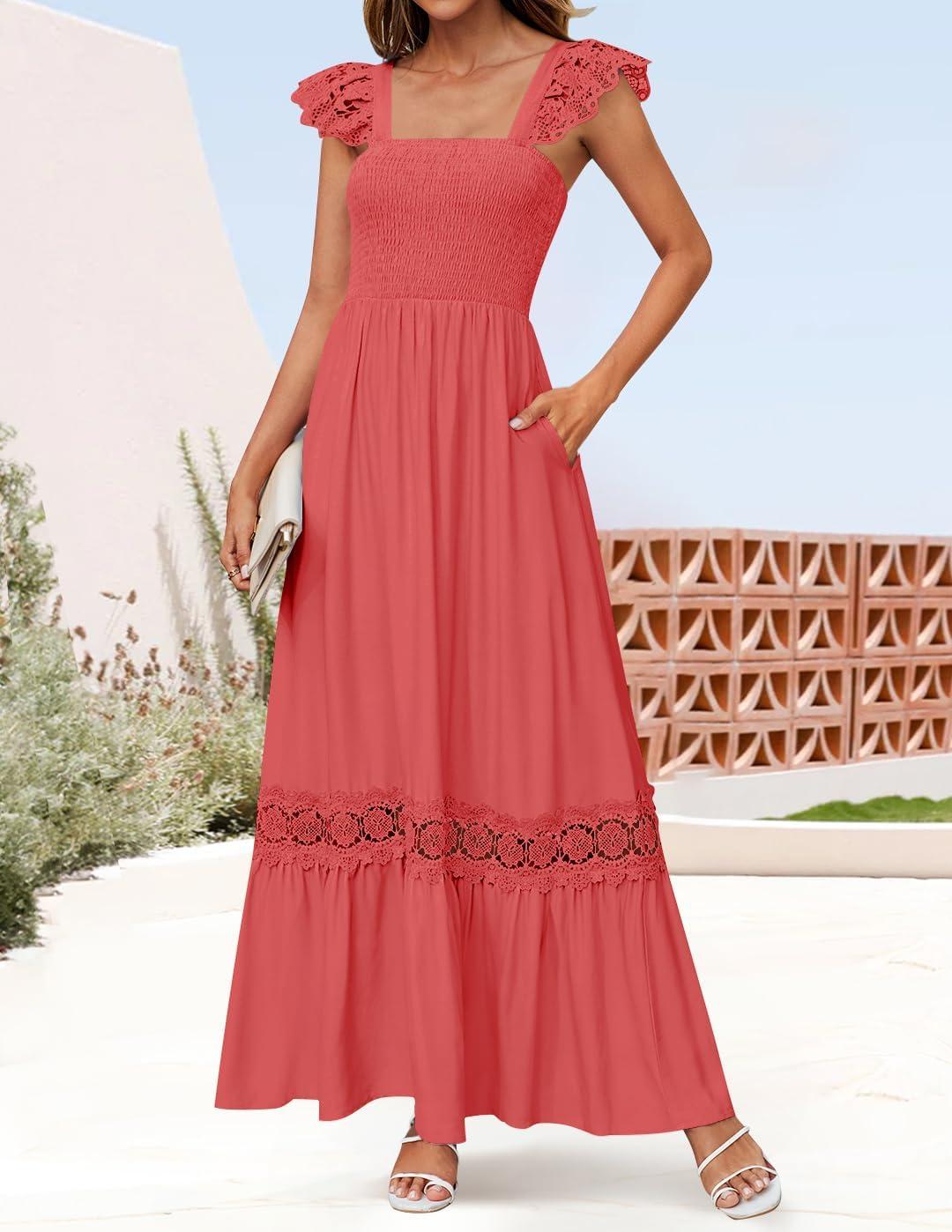 imageZESICA Womens 2026 Summer Lace Strap Sleeveless Square Neck Smocked High Waist Ruffle Hollow Out Flowy A Line Maxi DressWatermelon