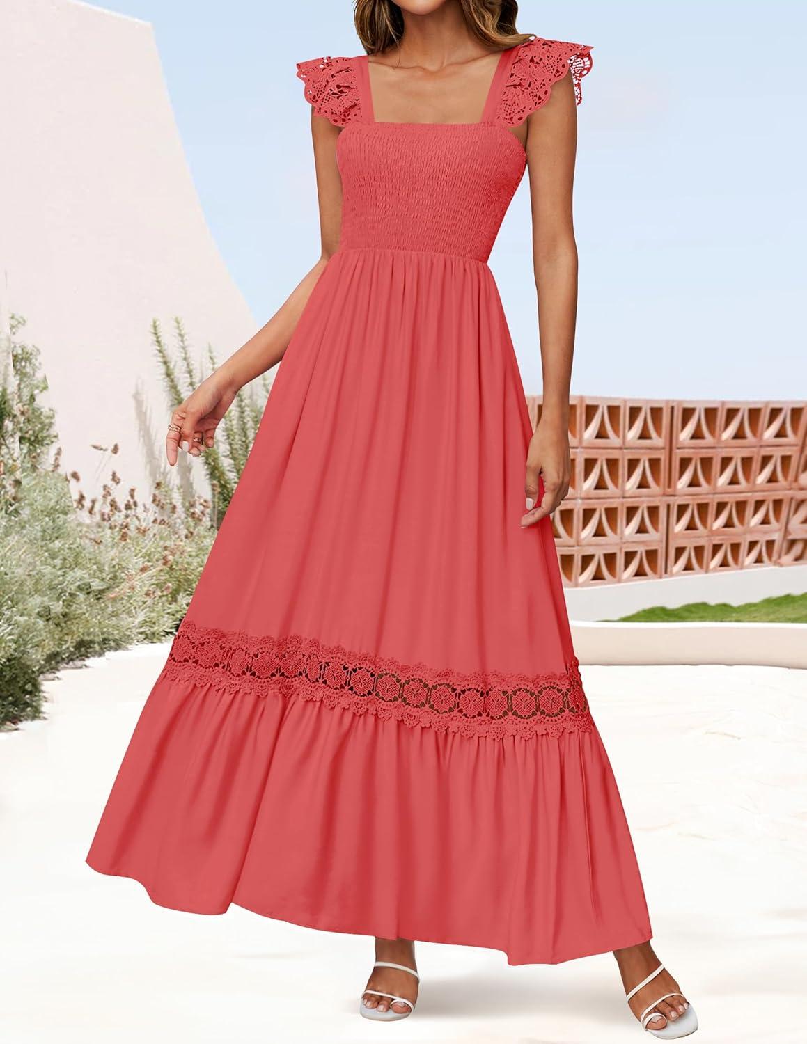 imageZESICA Womens 2026 Summer Lace Strap Sleeveless Square Neck Smocked High Waist Ruffle Hollow Out Flowy A Line Maxi DressWatermelon