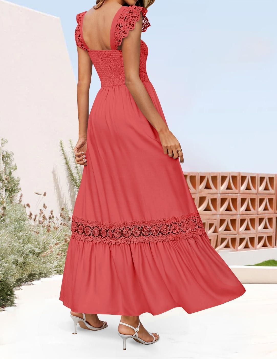 imageZESICA Womens 2026 Summer Lace Strap Sleeveless Square Neck Smocked High Waist Ruffle Hollow Out Flowy A Line Maxi DressWatermelon