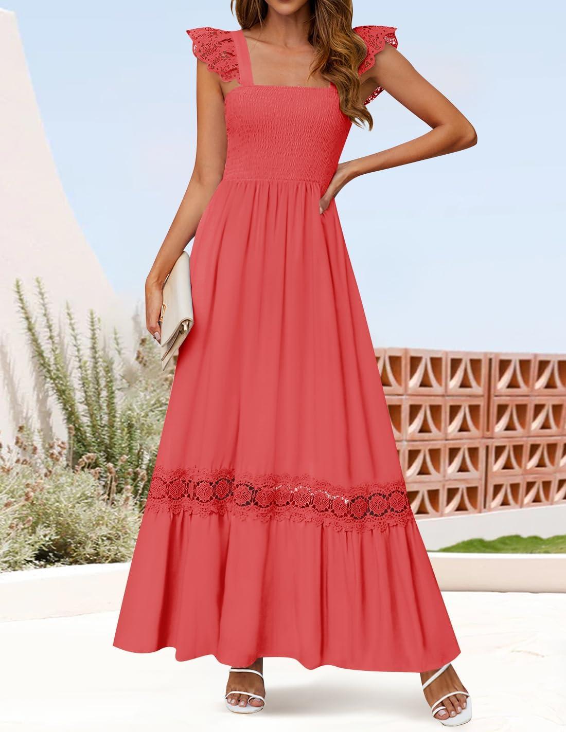 imageZESICA Womens 2026 Summer Lace Strap Sleeveless Square Neck Smocked High Waist Ruffle Hollow Out Flowy A Line Maxi DressWatermelon