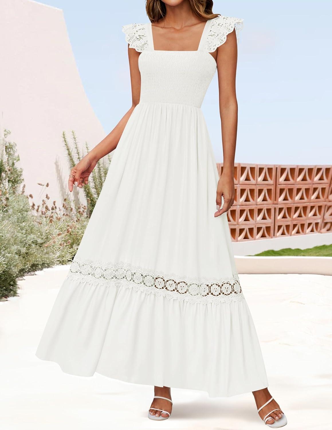 imageZESICA Womens 2026 Summer Lace Strap Sleeveless Square Neck Smocked High Waist Ruffle Hollow Out Flowy A Line Maxi DressWhite