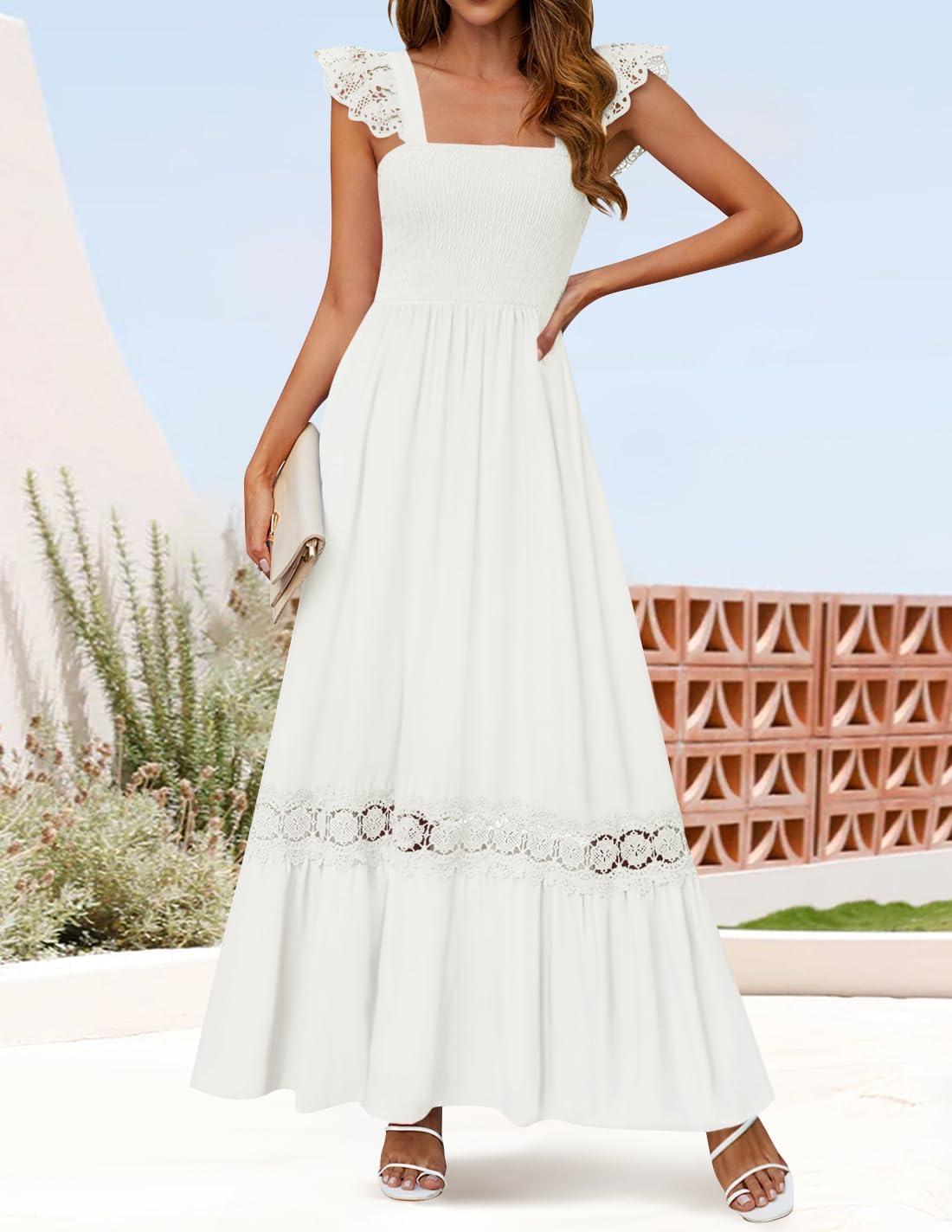 imageZESICA Womens 2026 Summer Lace Strap Sleeveless Square Neck Smocked High Waist Ruffle Hollow Out Flowy A Line Maxi DressWhite