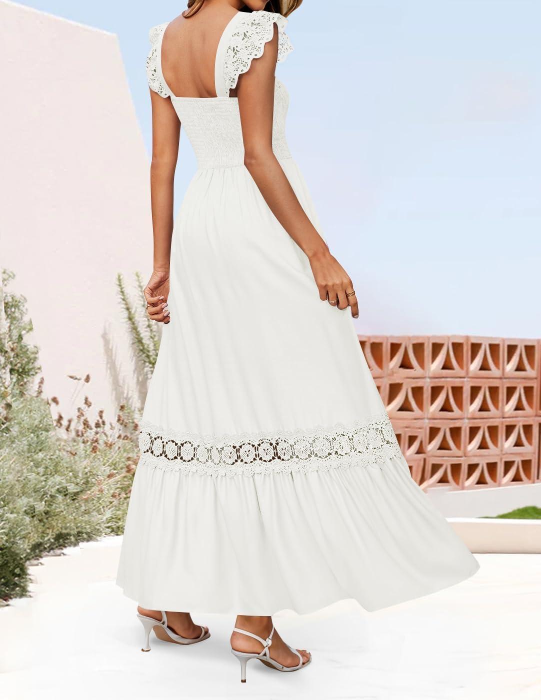 imageZESICA Womens 2026 Summer Lace Strap Sleeveless Square Neck Smocked High Waist Ruffle Hollow Out Flowy A Line Maxi DressWhite