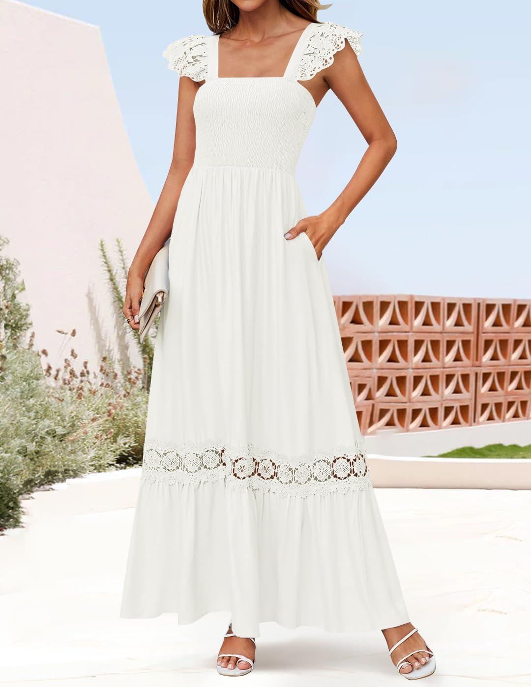 imageZESICA Womens 2026 Summer Lace Strap Sleeveless Square Neck Smocked High Waist Ruffle Hollow Out Flowy A Line Maxi DressWhite