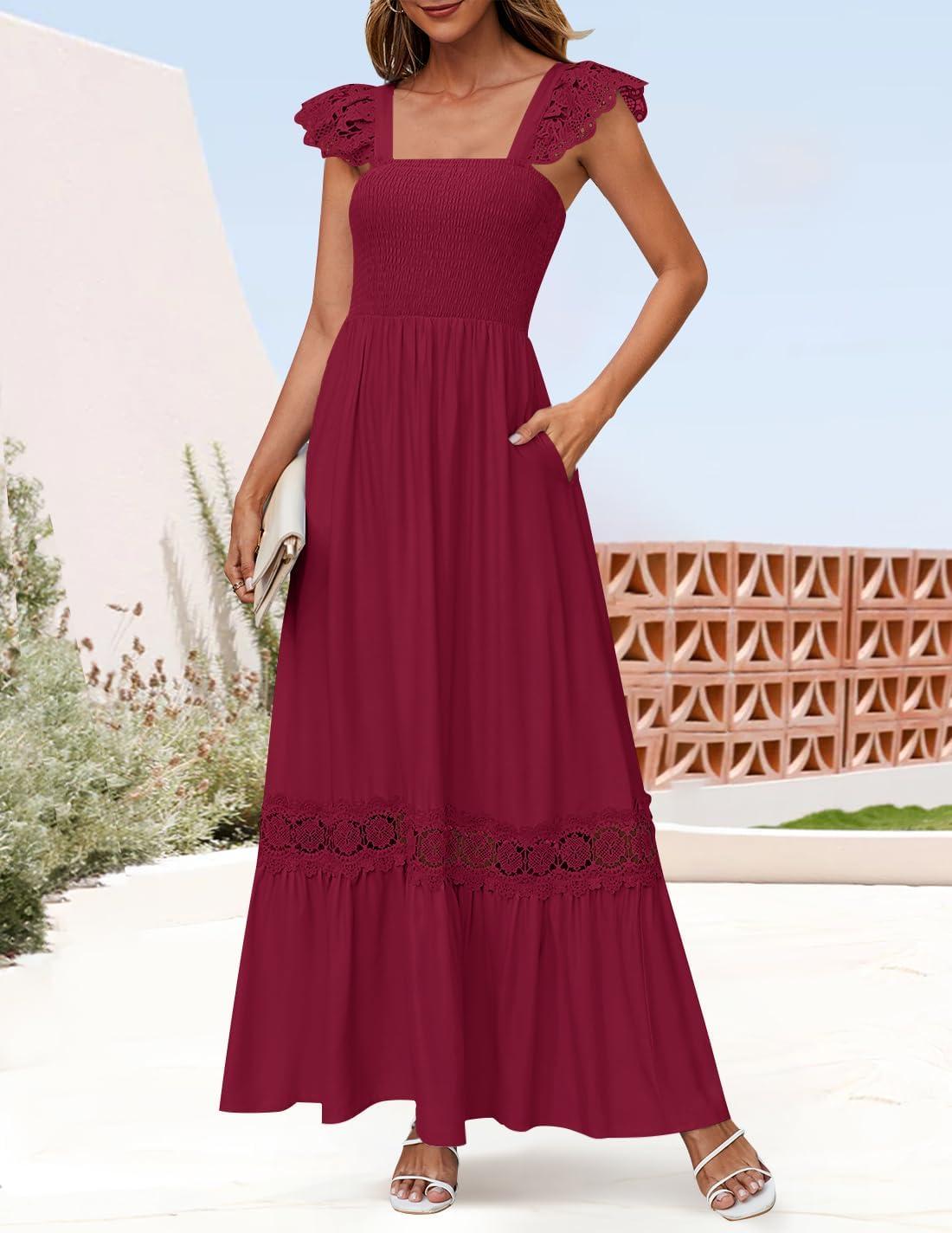 imageZESICA Womens 2026 Summer Lace Strap Sleeveless Square Neck Smocked High Waist Ruffle Hollow Out Flowy A Line Maxi DressWine