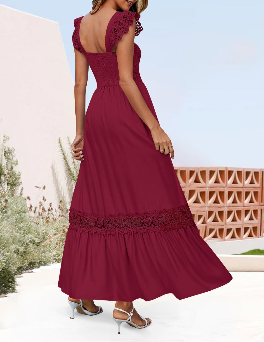 imageZESICA Womens 2026 Summer Lace Strap Sleeveless Square Neck Smocked High Waist Ruffle Hollow Out Flowy A Line Maxi DressWine