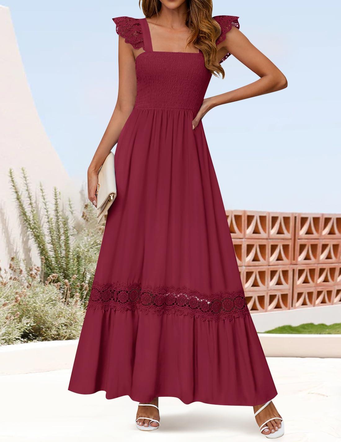 imageZESICA Womens 2026 Summer Lace Strap Sleeveless Square Neck Smocked High Waist Ruffle Hollow Out Flowy A Line Maxi DressWine