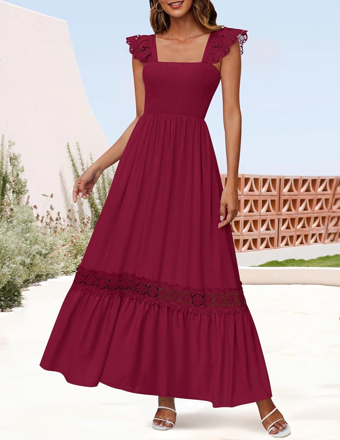 imageZESICA Womens 2026 Summer Lace Strap Sleeveless Square Neck Smocked High Waist Ruffle Hollow Out Flowy A Line Maxi DressWine