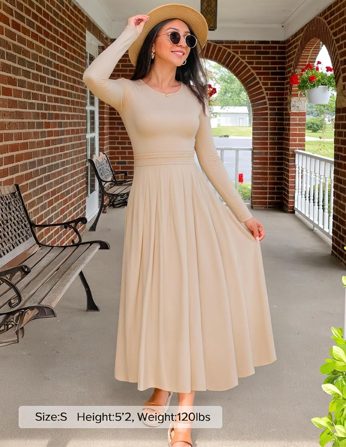imageZESICA Womens Elegant Long Sleeve Maxi Dress 2026 Fall Crewneck Knit High Wasit Pleated Flowy A Line Casual Party DressesApricot