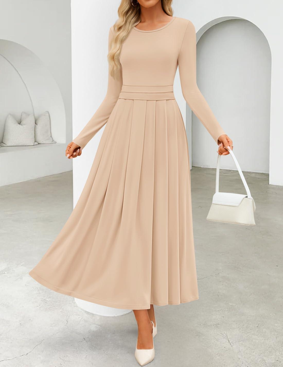 imageZESICA Womens Elegant Long Sleeve Maxi Dress 2026 Fall Crewneck Knit High Wasit Pleated Flowy A Line Casual Party DressesApricot