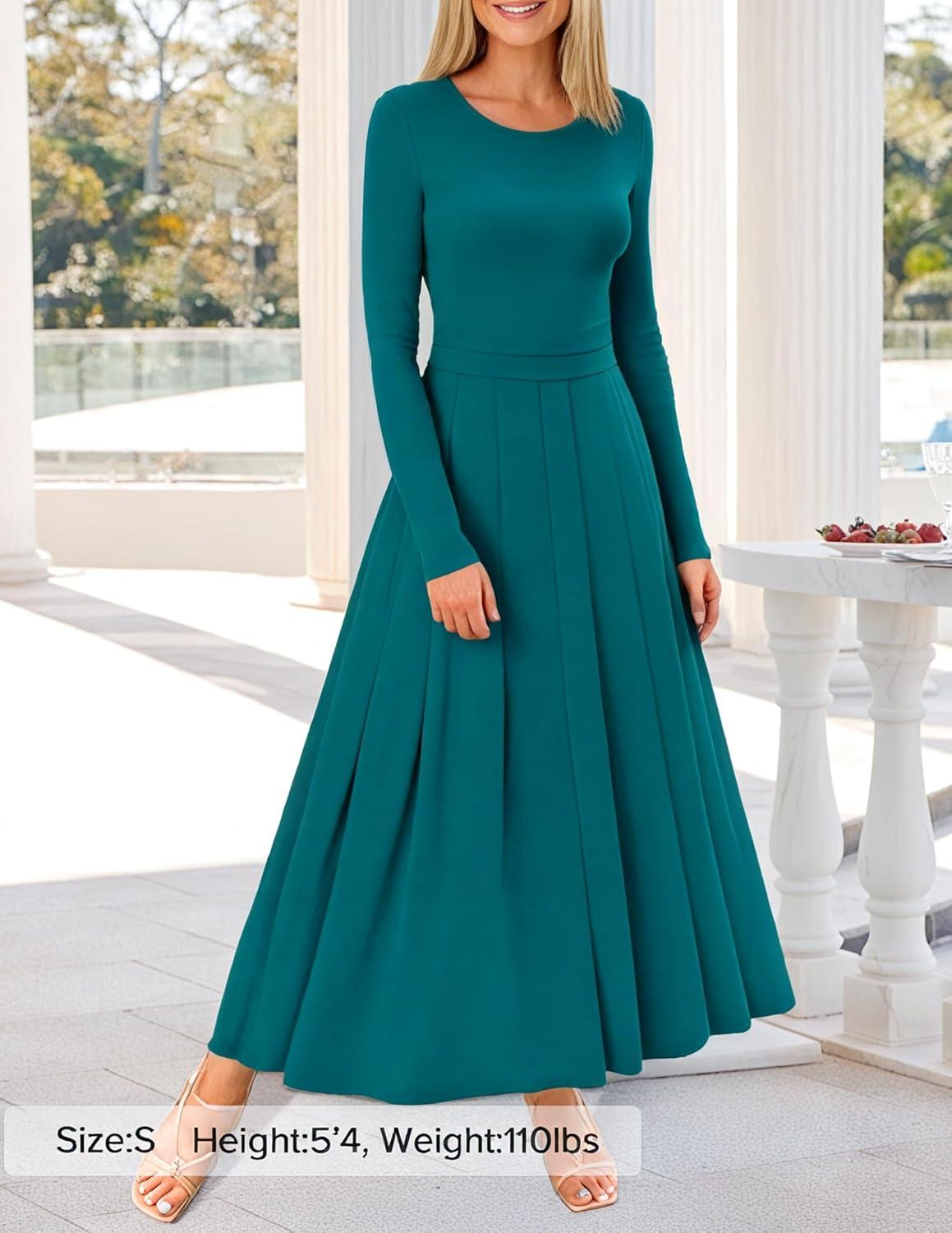 imageZESICA Womens Elegant Long Sleeve Maxi Dress 2026 Fall Crewneck Knit High Wasit Pleated Flowy A Line Casual Party DressesAqua
