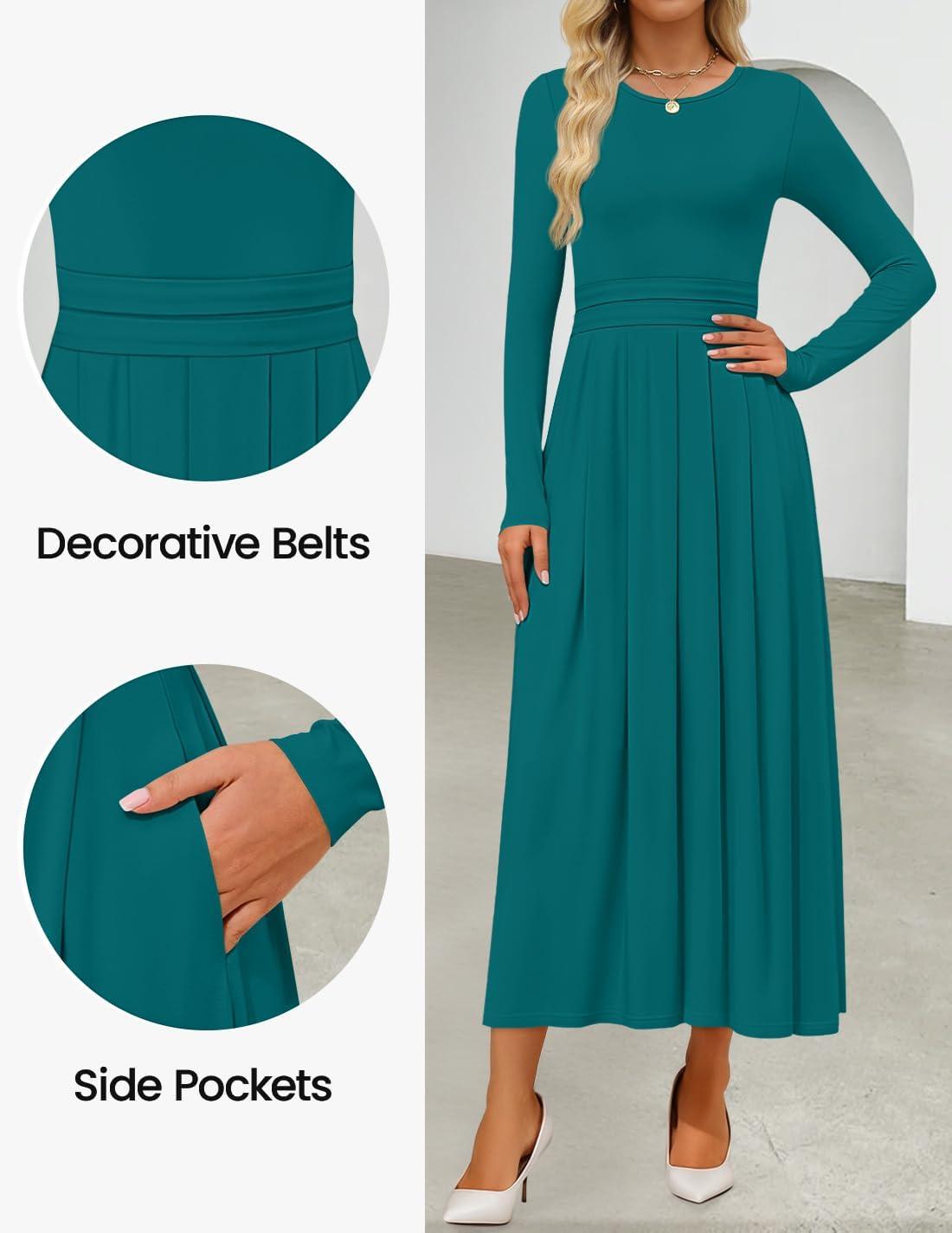 imageZESICA Womens Elegant Long Sleeve Maxi Dress 2026 Fall Crewneck Knit High Wasit Pleated Flowy A Line Casual Party DressesAqua