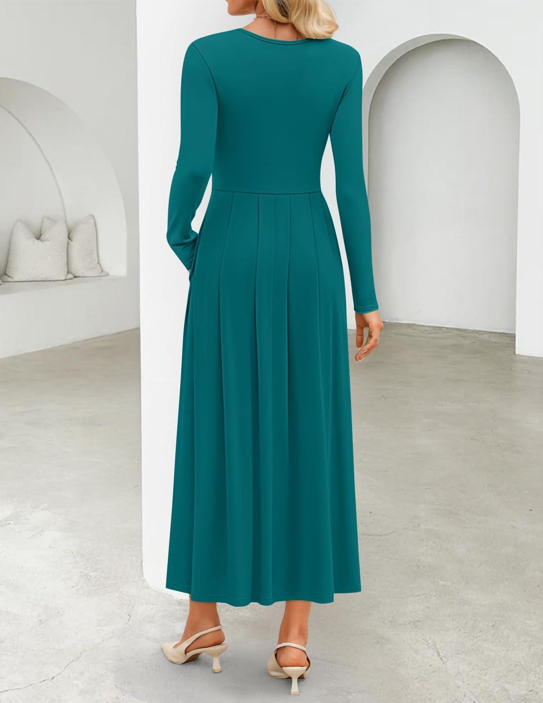 imageZESICA Womens Elegant Long Sleeve Maxi Dress 2026 Fall Crewneck Knit High Wasit Pleated Flowy A Line Casual Party DressesAqua