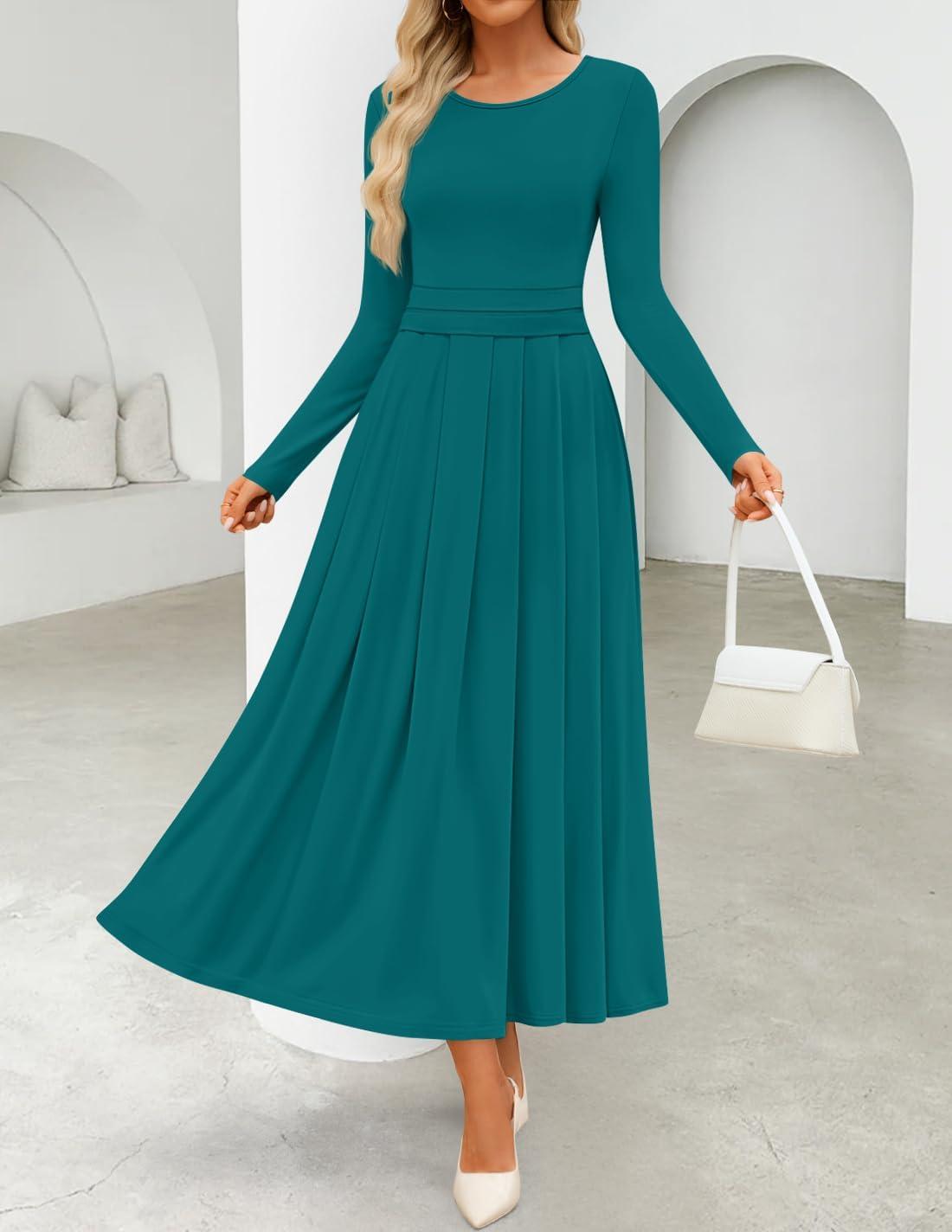 imageZESICA Womens Elegant Long Sleeve Maxi Dress 2026 Fall Crewneck Knit High Wasit Pleated Flowy A Line Casual Party DressesAqua