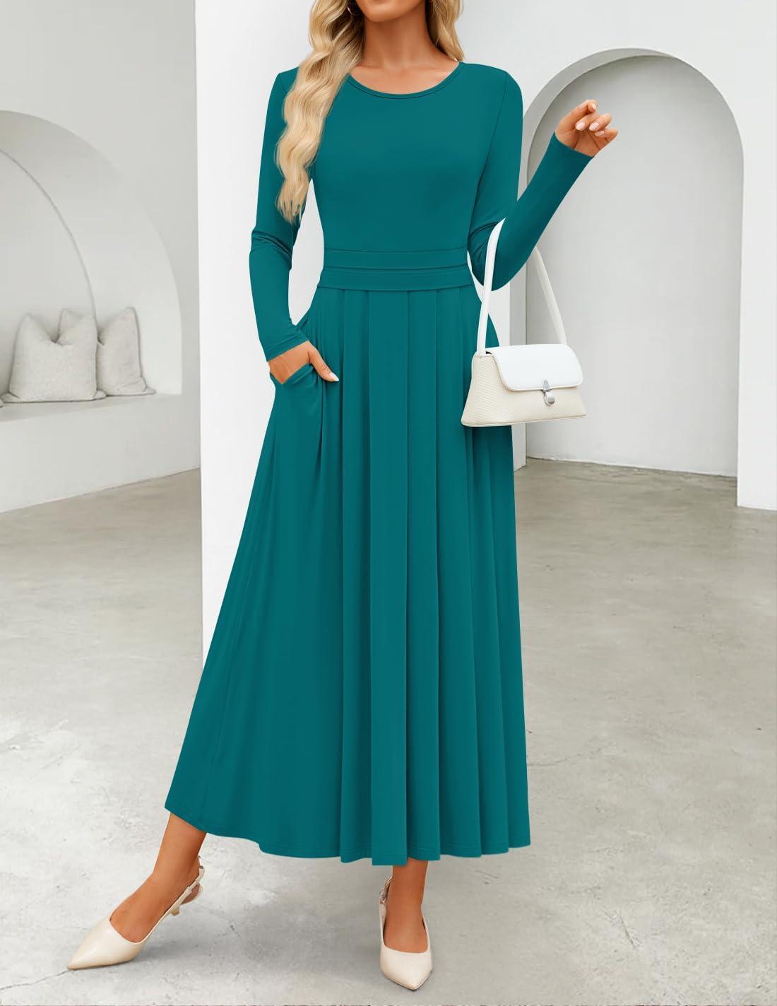 imageZESICA Womens Elegant Long Sleeve Maxi Dress 2026 Fall Crewneck Knit High Wasit Pleated Flowy A Line Casual Party DressesAqua