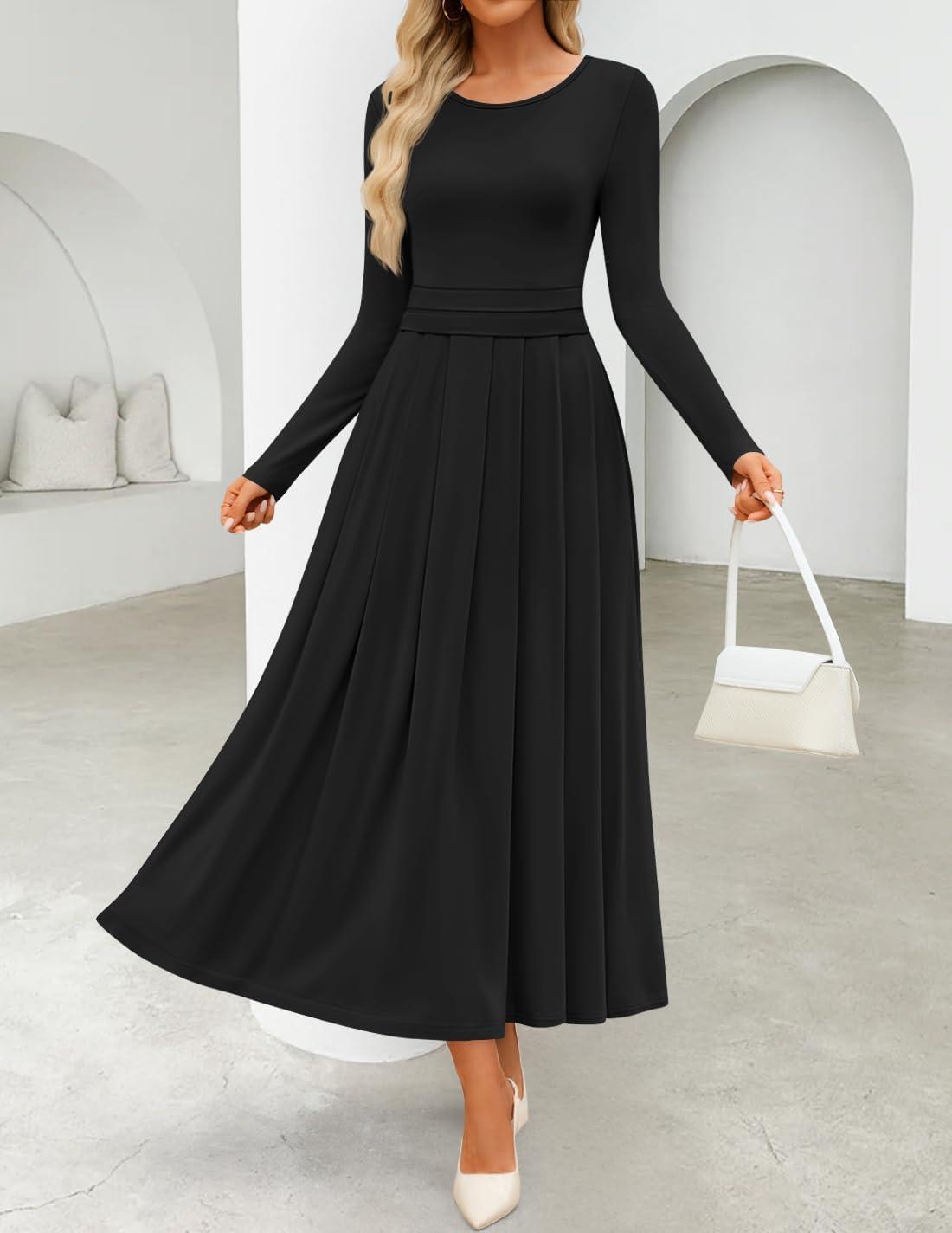 imageZESICA Womens Elegant Long Sleeve Maxi Dress 2026 Fall Crewneck Knit High Wasit Pleated Flowy A Line Casual Party DressesBlack