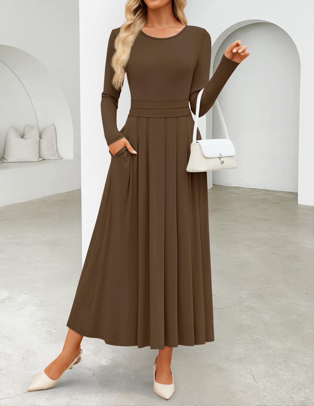 imageZESICA Womens Elegant Long Sleeve Maxi Dress 2026 Fall Crewneck Knit High Wasit Pleated Flowy A Line Casual Party DressesBrown