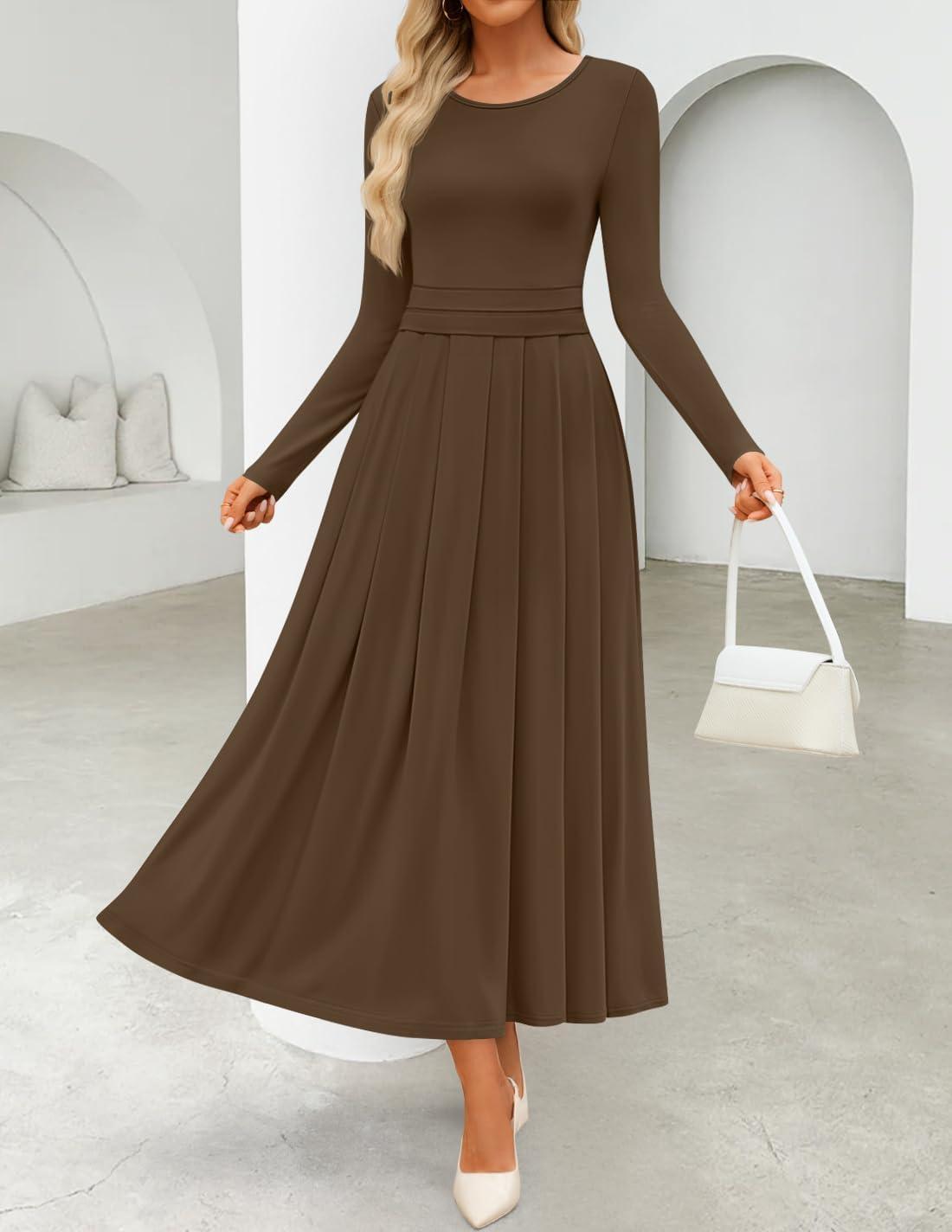 imageZESICA Womens Elegant Long Sleeve Maxi Dress 2026 Fall Crewneck Knit High Wasit Pleated Flowy A Line Casual Party DressesBrown