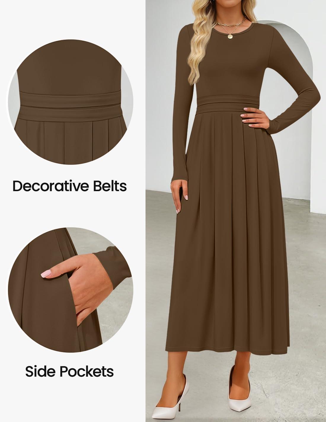 imageZESICA Womens Elegant Long Sleeve Maxi Dress 2026 Fall Crewneck Knit High Wasit Pleated Flowy A Line Casual Party DressesBrown