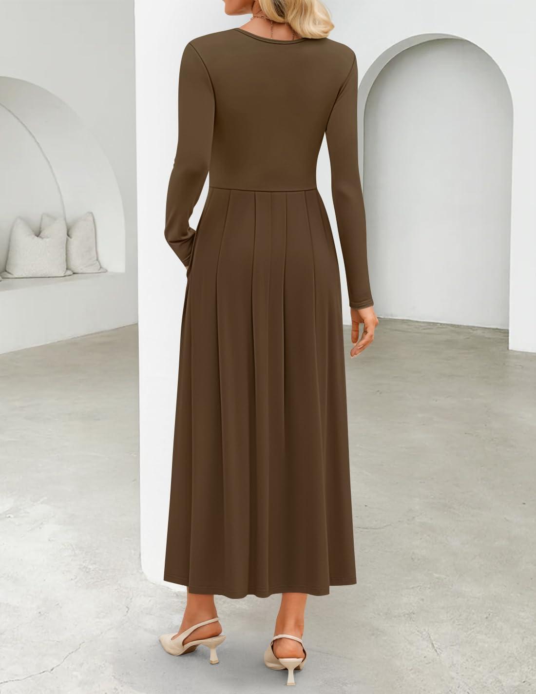 imageZESICA Womens Elegant Long Sleeve Maxi Dress 2026 Fall Crewneck Knit High Wasit Pleated Flowy A Line Casual Party DressesBrown