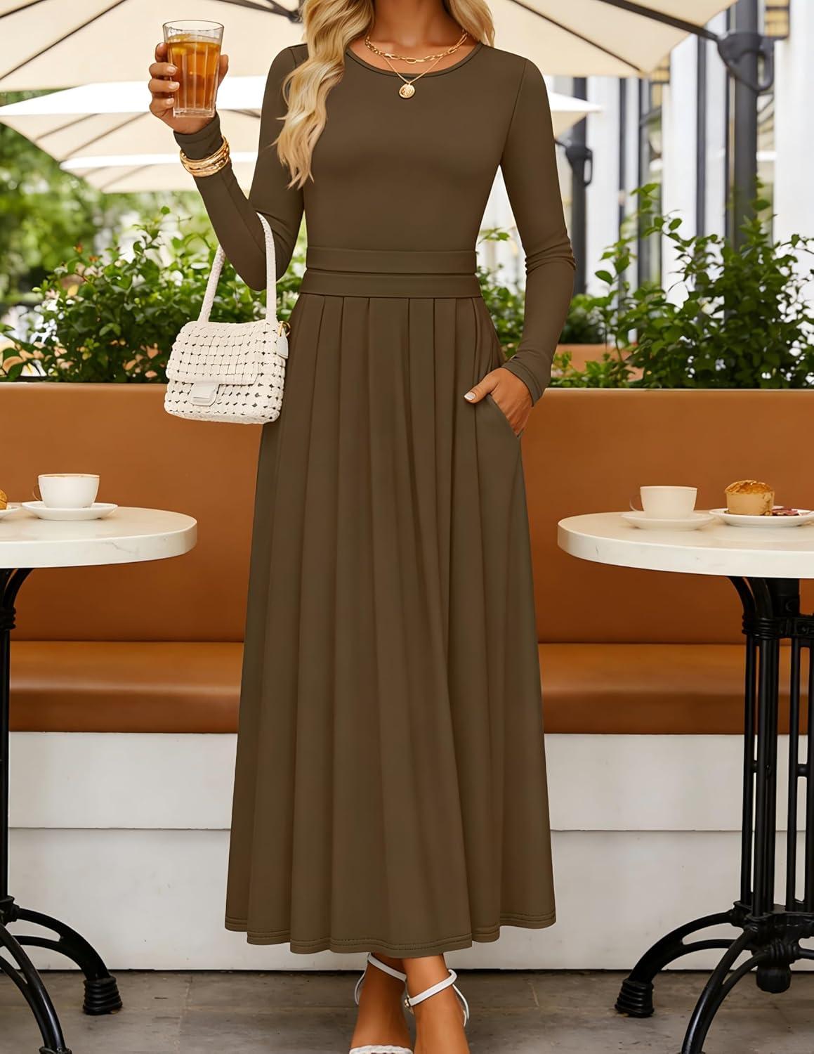 imageZESICA Womens Elegant Long Sleeve Maxi Dress 2026 Fall Crewneck Knit High Wasit Pleated Flowy A Line Casual Party DressesBrown