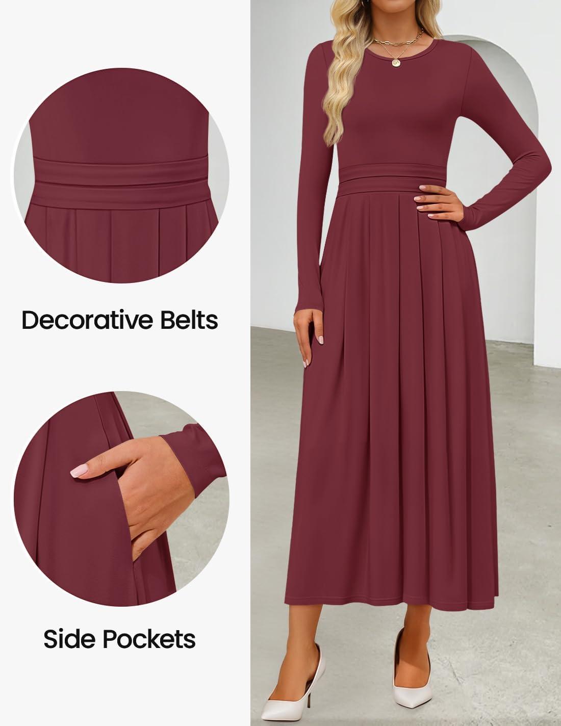 imageZESICA Womens Elegant Long Sleeve Maxi Dress 2026 Fall Crewneck Knit High Wasit Pleated Flowy A Line Casual Party DressesFuchsia