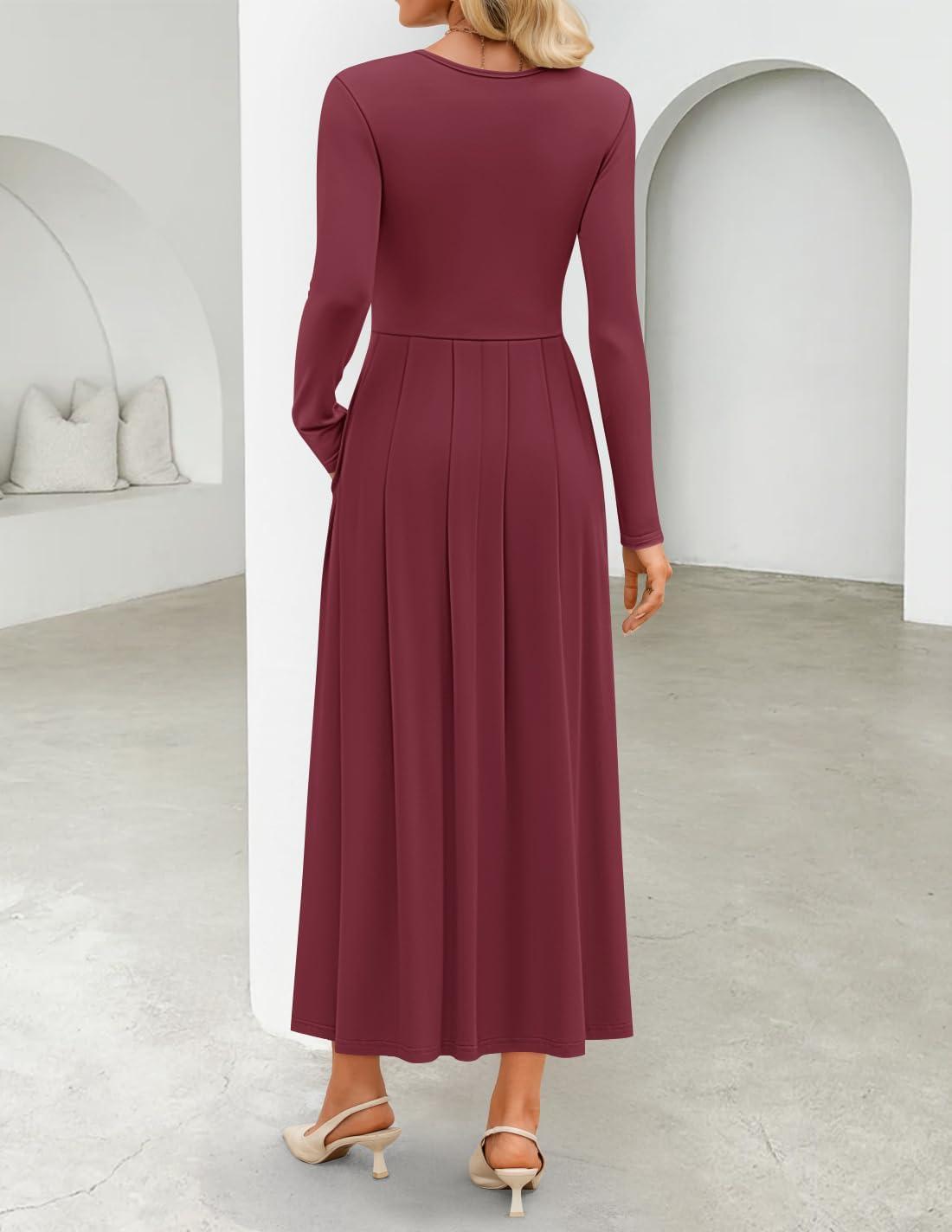 imageZESICA Womens Elegant Long Sleeve Maxi Dress 2026 Fall Crewneck Knit High Wasit Pleated Flowy A Line Casual Party DressesFuchsia