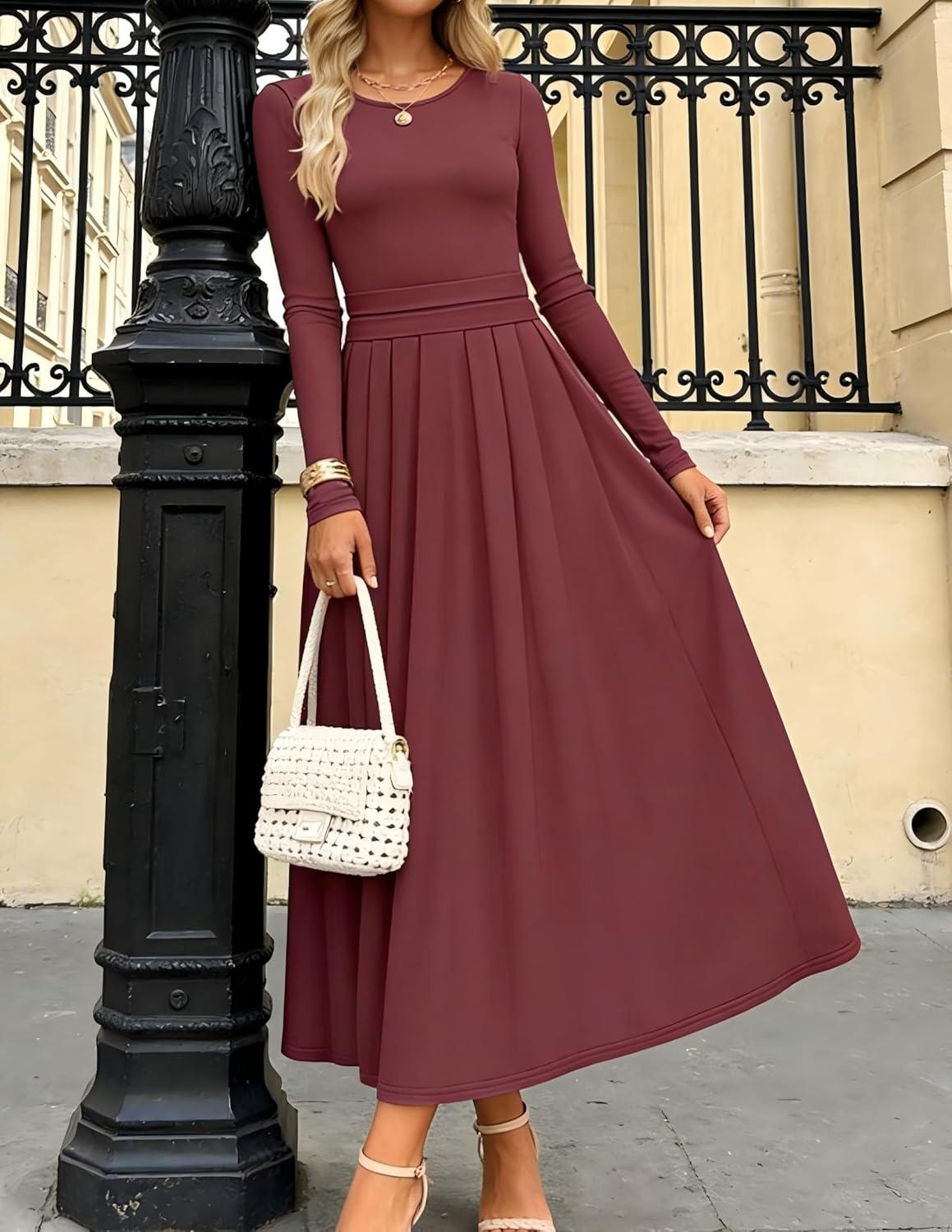 imageZESICA Womens Elegant Long Sleeve Maxi Dress 2026 Fall Crewneck Knit High Wasit Pleated Flowy A Line Casual Party DressesFuchsia