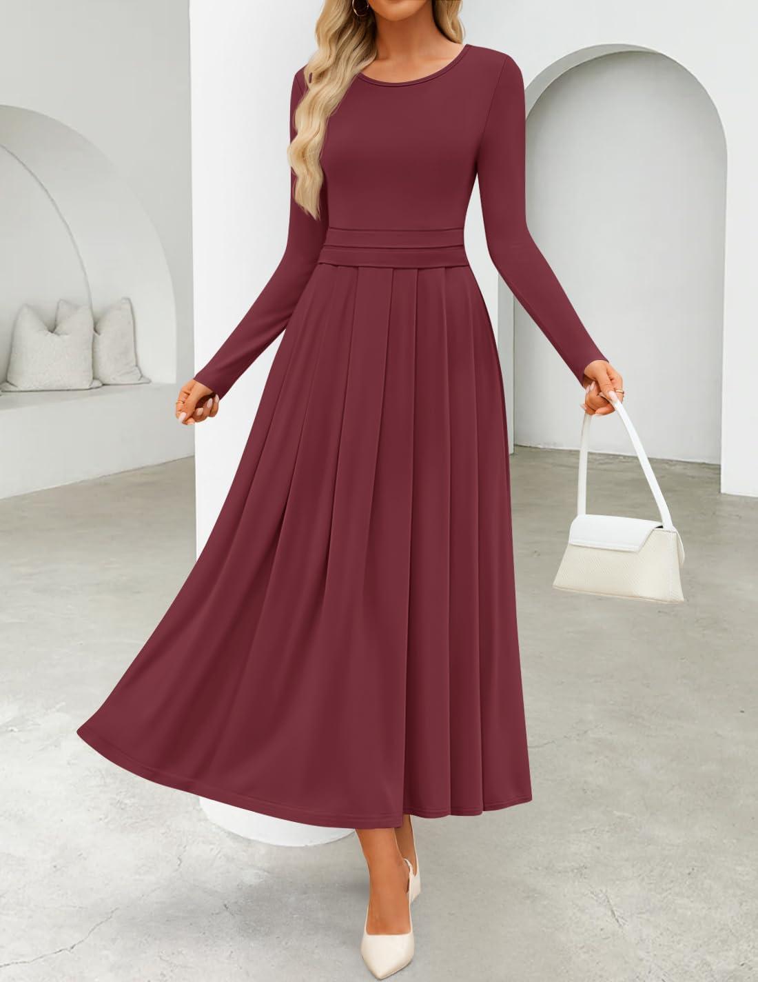 imageZESICA Womens Elegant Long Sleeve Maxi Dress 2026 Fall Crewneck Knit High Wasit Pleated Flowy A Line Casual Party DressesFuchsia