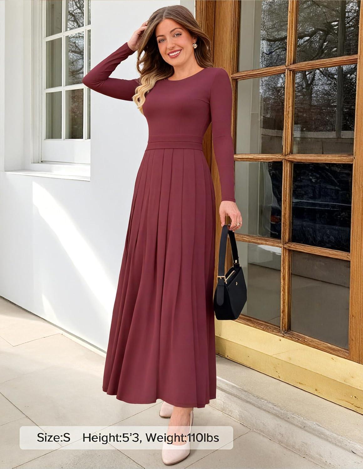 imageZESICA Womens Elegant Long Sleeve Maxi Dress 2026 Fall Crewneck Knit High Wasit Pleated Flowy A Line Casual Party DressesFuchsia