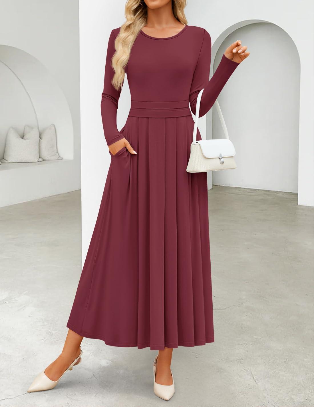 imageZESICA Womens Elegant Long Sleeve Maxi Dress 2026 Fall Crewneck Knit High Wasit Pleated Flowy A Line Casual Party DressesFuchsia
