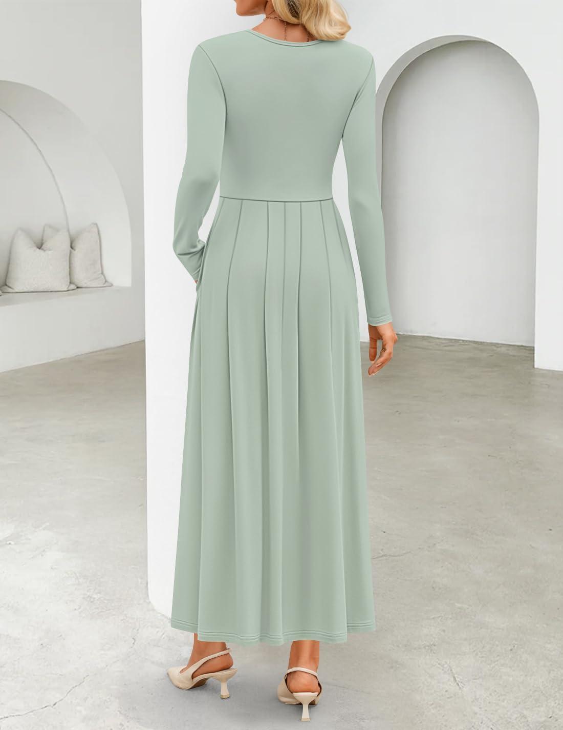 imageZESICA Womens Elegant Long Sleeve Maxi Dress 2026 Fall Crewneck Knit High Wasit Pleated Flowy A Line Casual Party DressesGreen