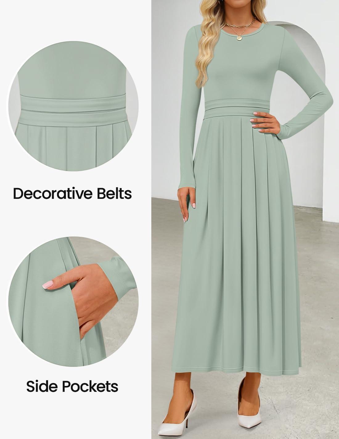 imageZESICA Womens Elegant Long Sleeve Maxi Dress 2026 Fall Crewneck Knit High Wasit Pleated Flowy A Line Casual Party DressesGreen