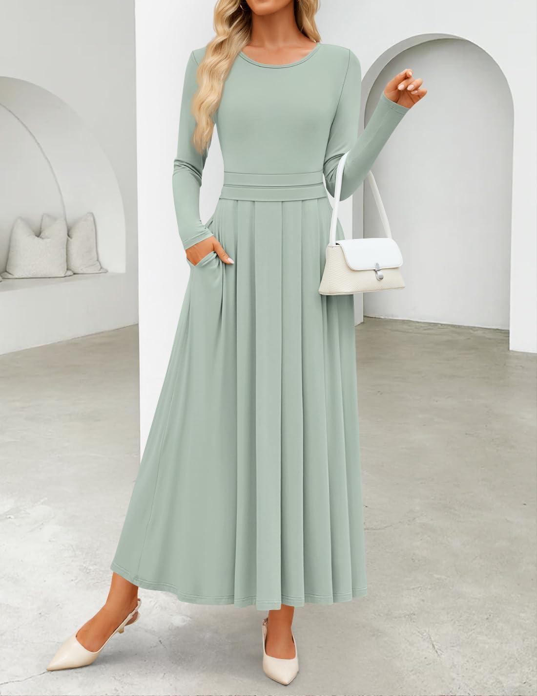imageZESICA Womens Elegant Long Sleeve Maxi Dress 2026 Fall Crewneck Knit High Wasit Pleated Flowy A Line Casual Party DressesGreen