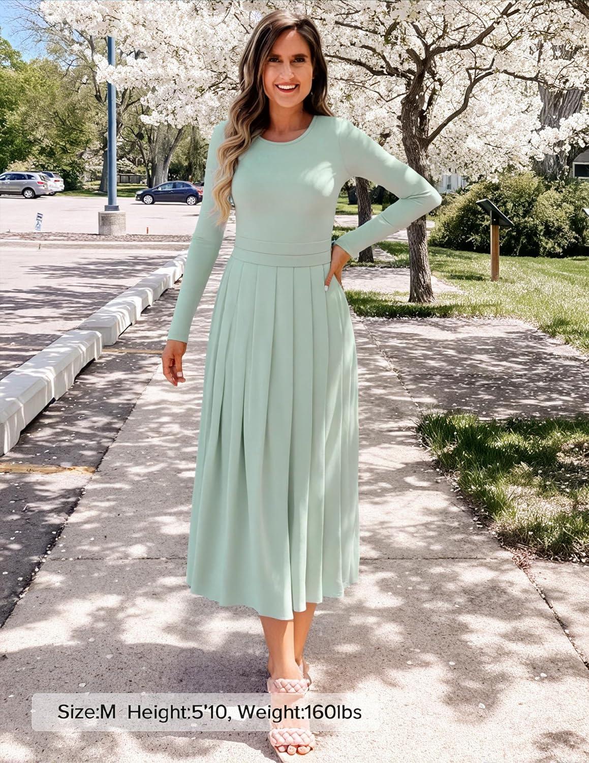 imageZESICA Womens Elegant Long Sleeve Maxi Dress 2026 Fall Crewneck Knit High Wasit Pleated Flowy A Line Casual Party DressesGreen