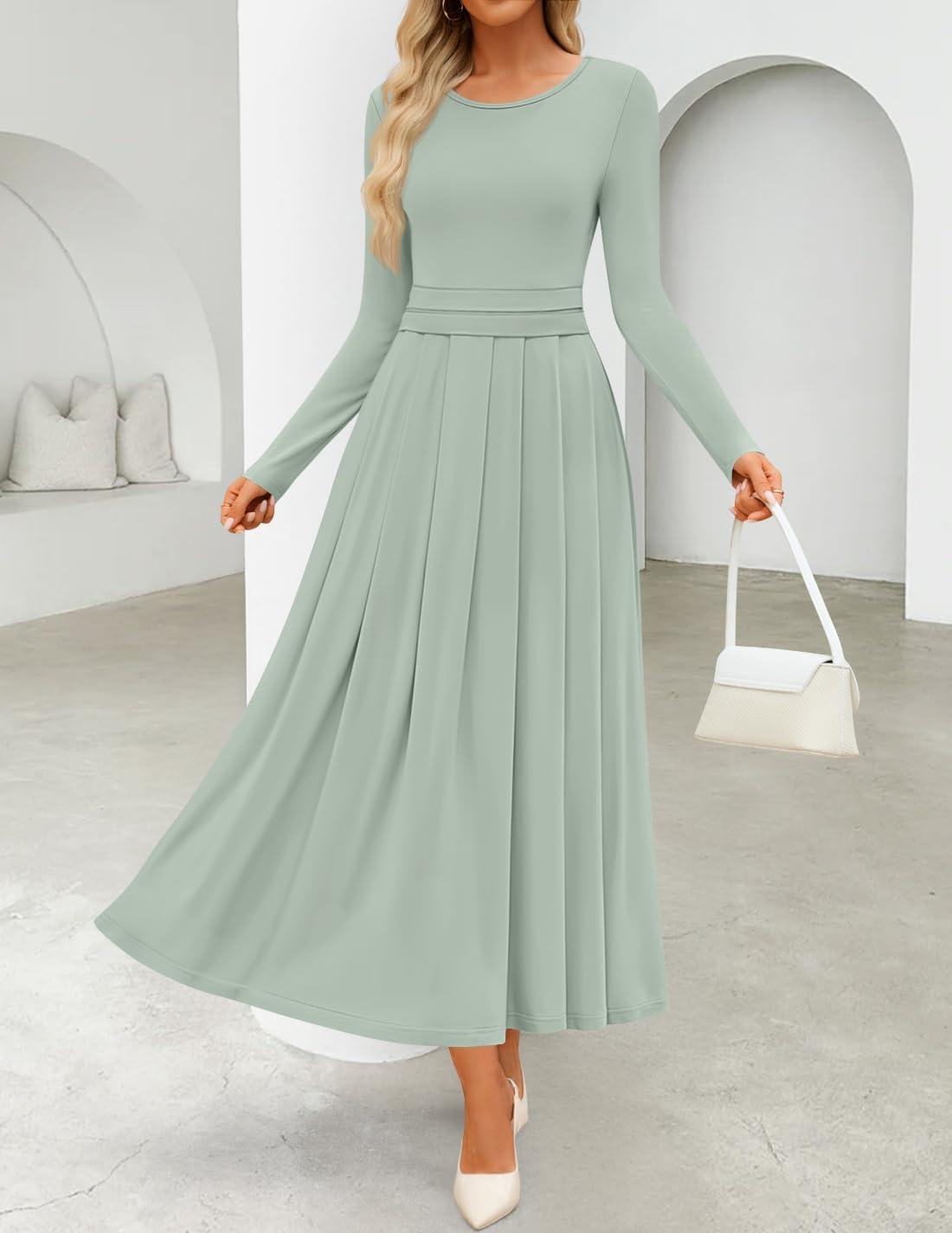 imageZESICA Womens Elegant Long Sleeve Maxi Dress 2026 Fall Crewneck Knit High Wasit Pleated Flowy A Line Casual Party DressesGreen