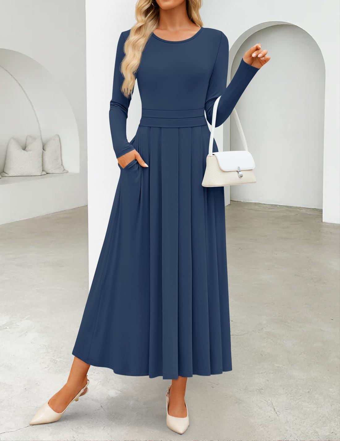 imageZESICA Womens Elegant Long Sleeve Maxi Dress 2026 Fall Crewneck Knit High Wasit Pleated Flowy A Line Casual Party DressesNavy