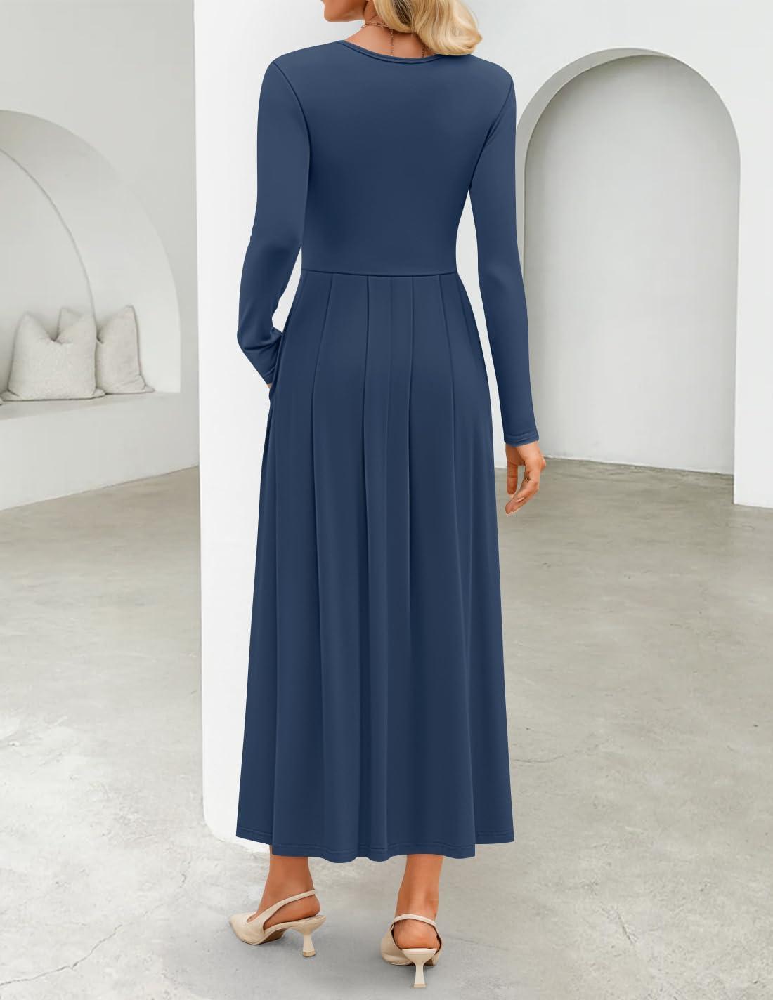 imageZESICA Womens Elegant Long Sleeve Maxi Dress 2026 Fall Crewneck Knit High Wasit Pleated Flowy A Line Casual Party DressesNavy