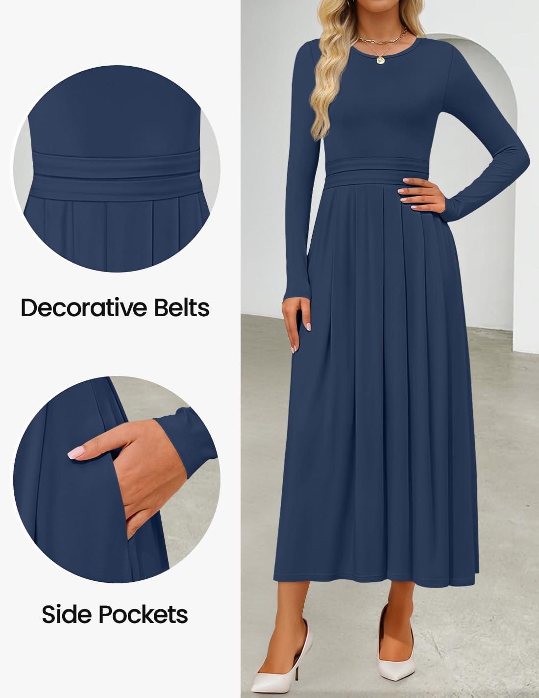 imageZESICA Womens Elegant Long Sleeve Maxi Dress 2026 Fall Crewneck Knit High Wasit Pleated Flowy A Line Casual Party DressesNavy