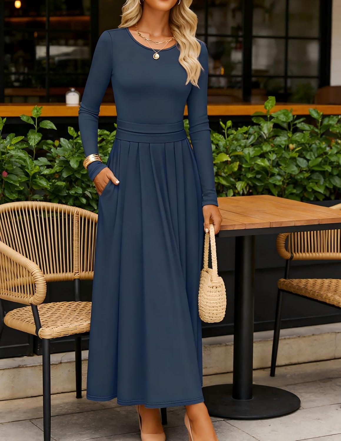 imageZESICA Womens Elegant Long Sleeve Maxi Dress 2026 Fall Crewneck Knit High Wasit Pleated Flowy A Line Casual Party DressesNavy