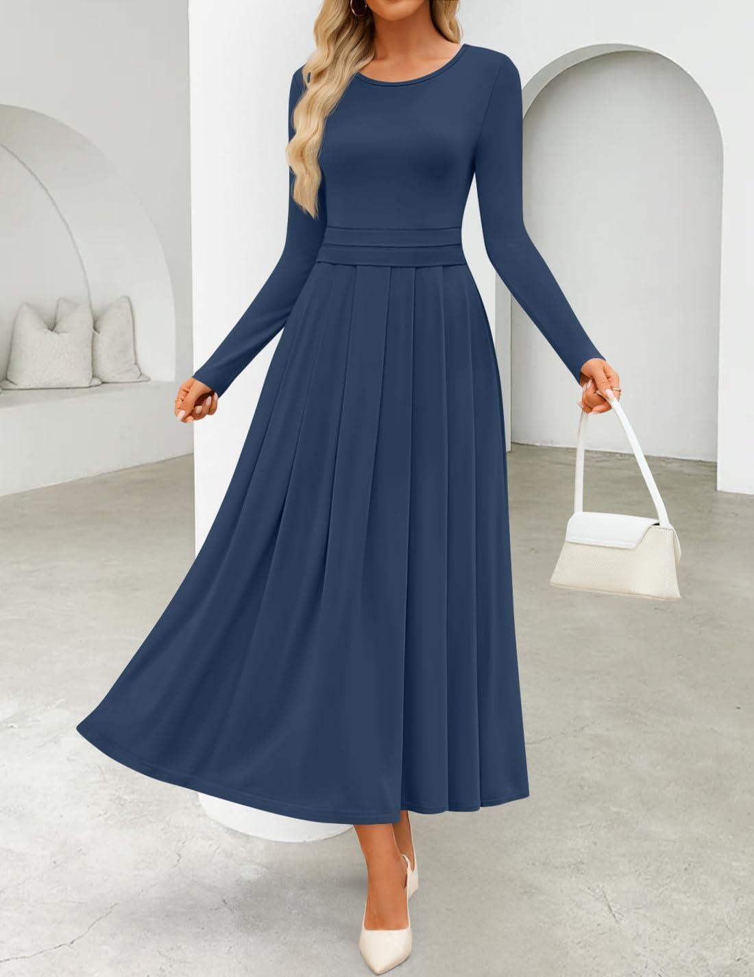 imageZESICA Womens Elegant Long Sleeve Maxi Dress 2026 Fall Crewneck Knit High Wasit Pleated Flowy A Line Casual Party DressesNavy
