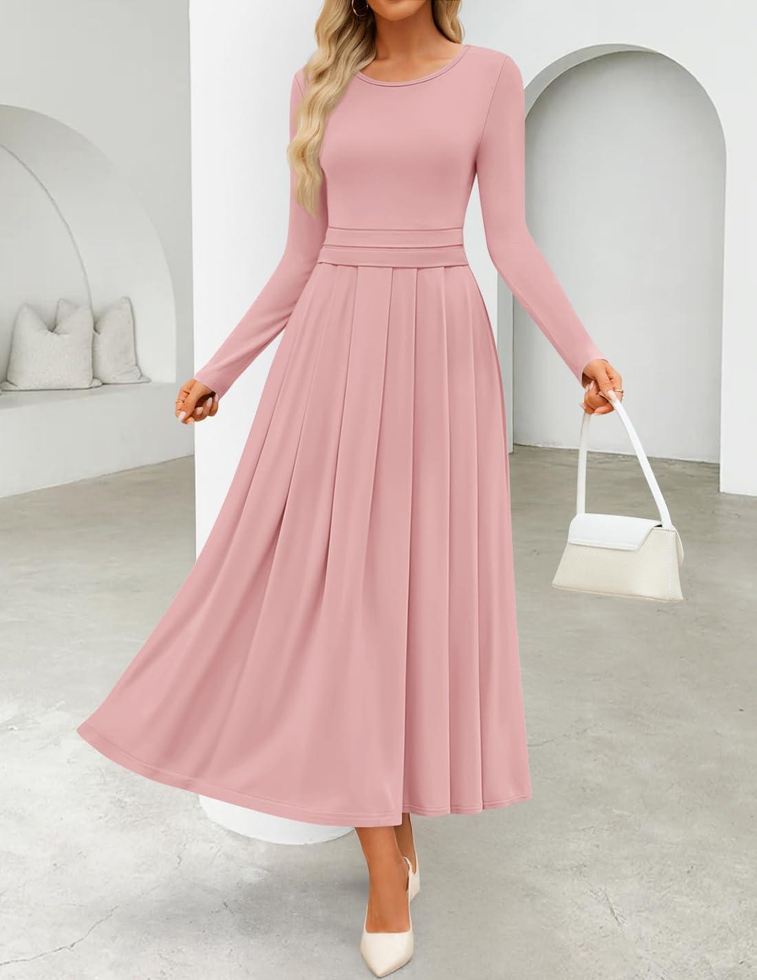 imageZESICA Womens Elegant Long Sleeve Maxi Dress 2026 Fall Crewneck Knit High Wasit Pleated Flowy A Line Casual Party DressesPink