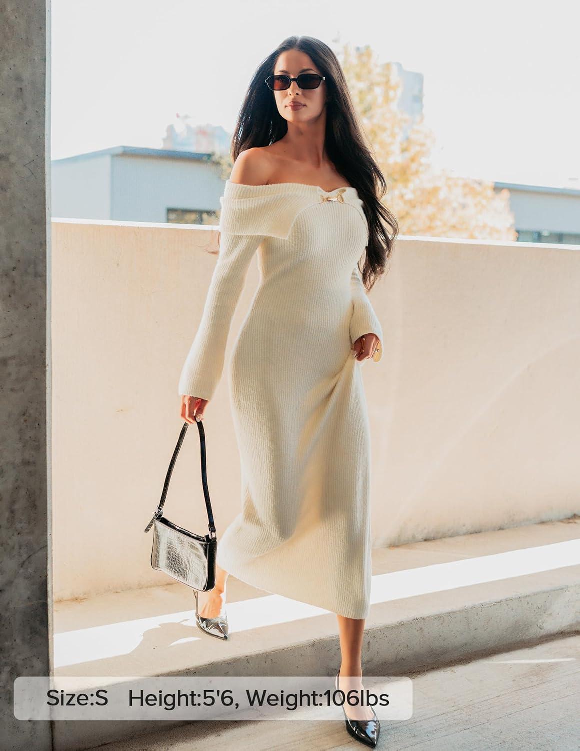 imageZESICA Womens Fall Off Shoulder Sweater Dress 2025 Bell Long Sleeve Ribbed Knit Bodycon Formal Maxi DressesCream
