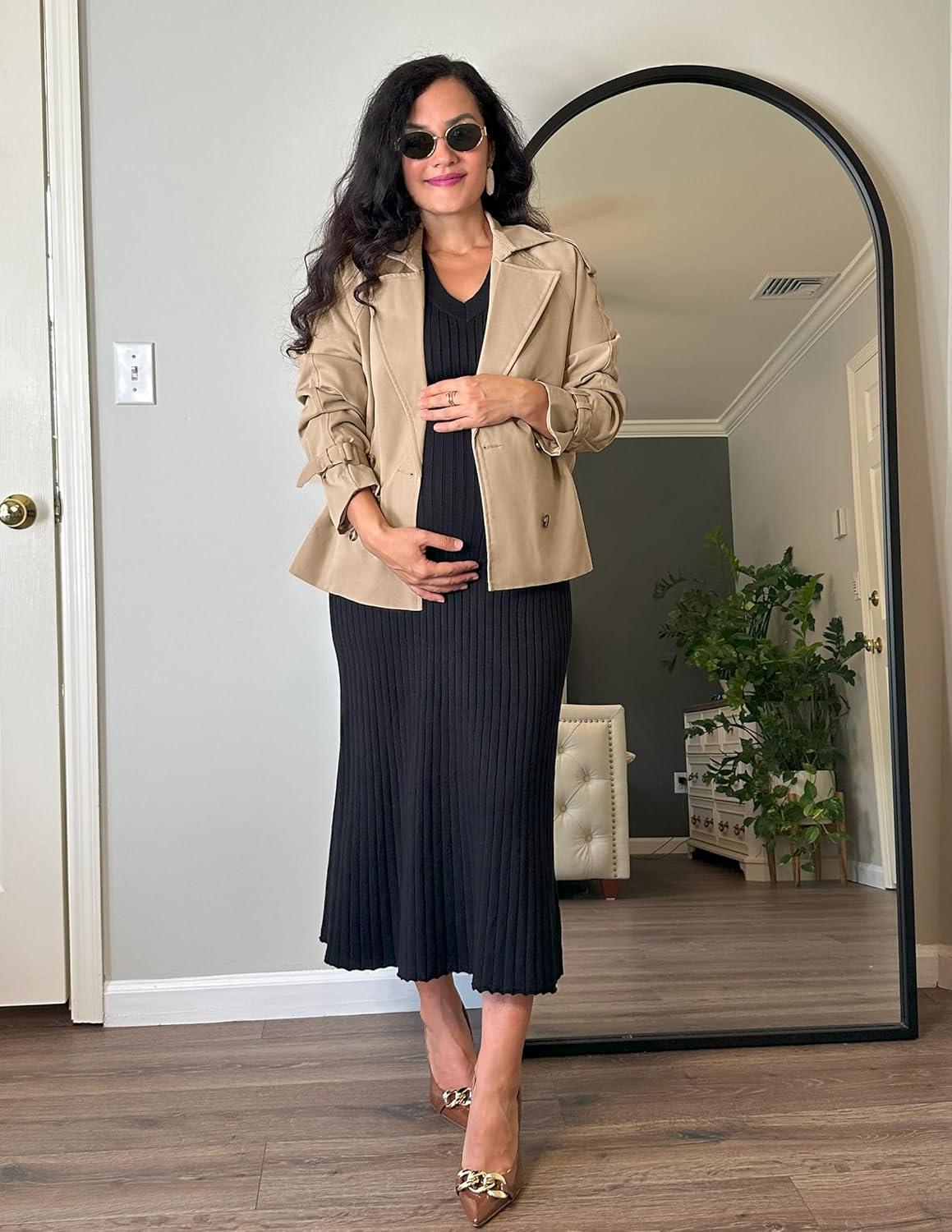 imageZESICA Womens Long Sleeve Crop Trench Coat Lapel Double Breasted Loose Casual Jacket with PocketsKhaki
