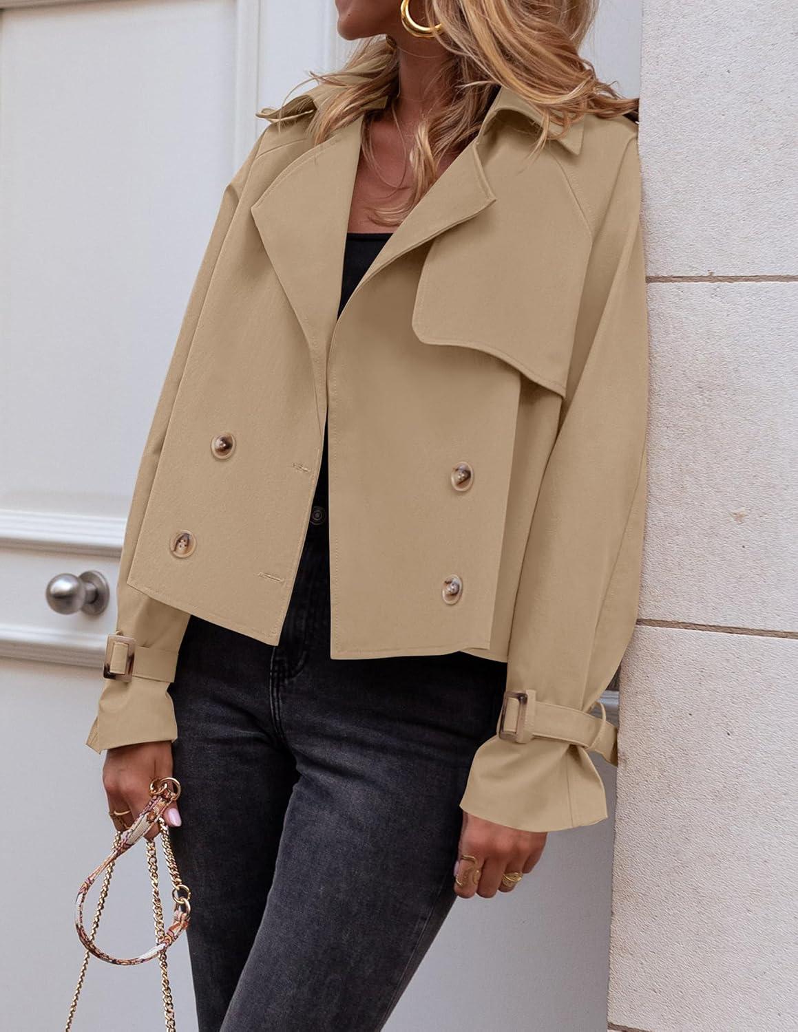 imageZESICA Womens Long Sleeve Crop Trench Coat Lapel Double Breasted Loose Casual Jacket with PocketsKhaki